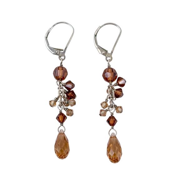 Estate Sterling Silver 925 Chocolate Crystal Dangle Latchback Earrings - Picture 4 of 7